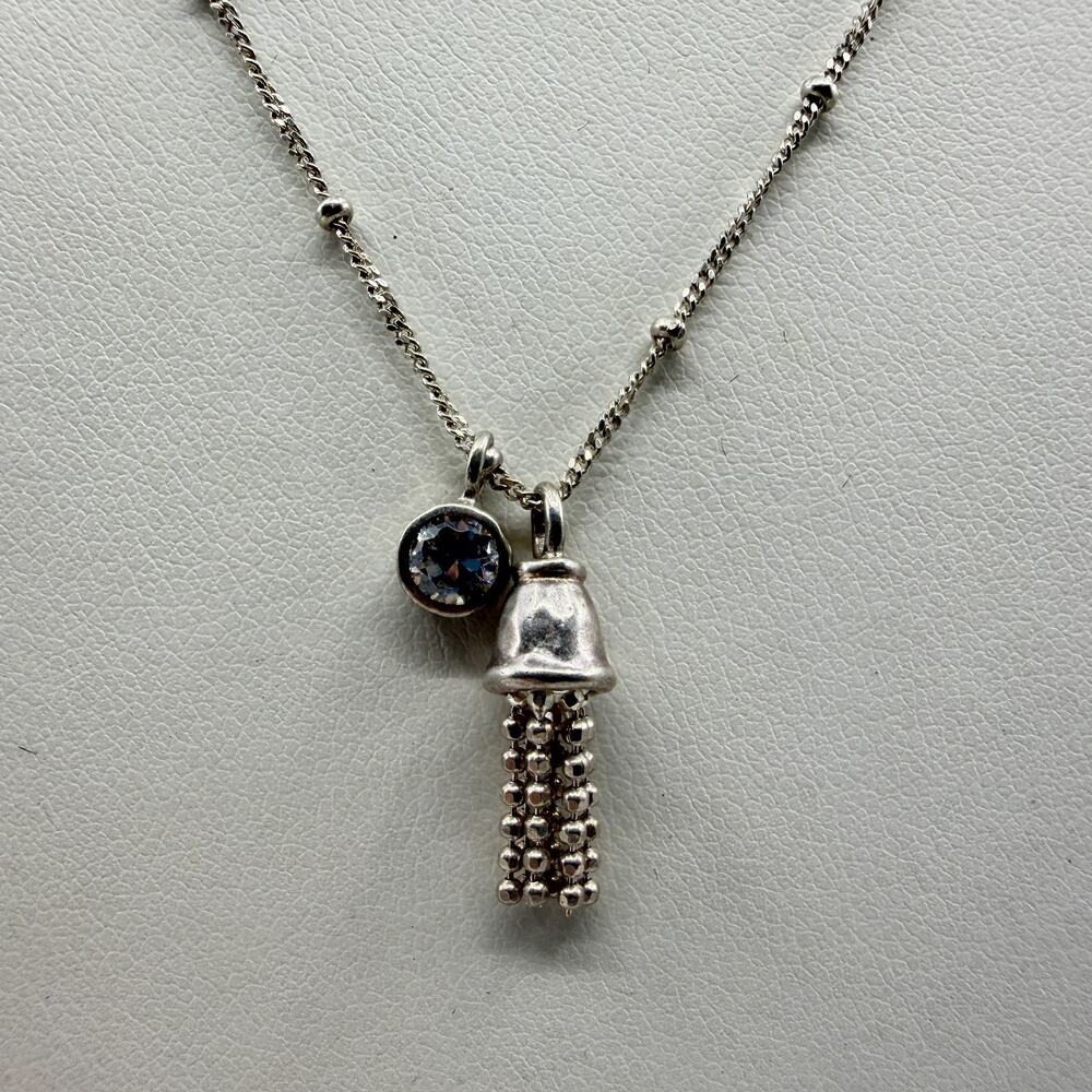 Silver Tone Bell & Crystal Charm Necklace Statement Boho Layering Accessory Gift